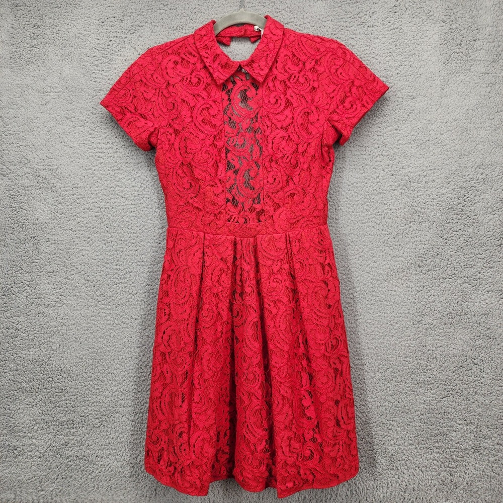 Carven Red Lace‎ Collared Mini Dress Keyhole Back Short Sleeve Sz 34 570R15
